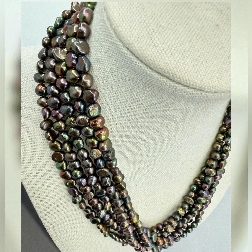 Vintage 5-Strand Peacock Freshwater Pearl Necklace 18” Baroque Iridescent color